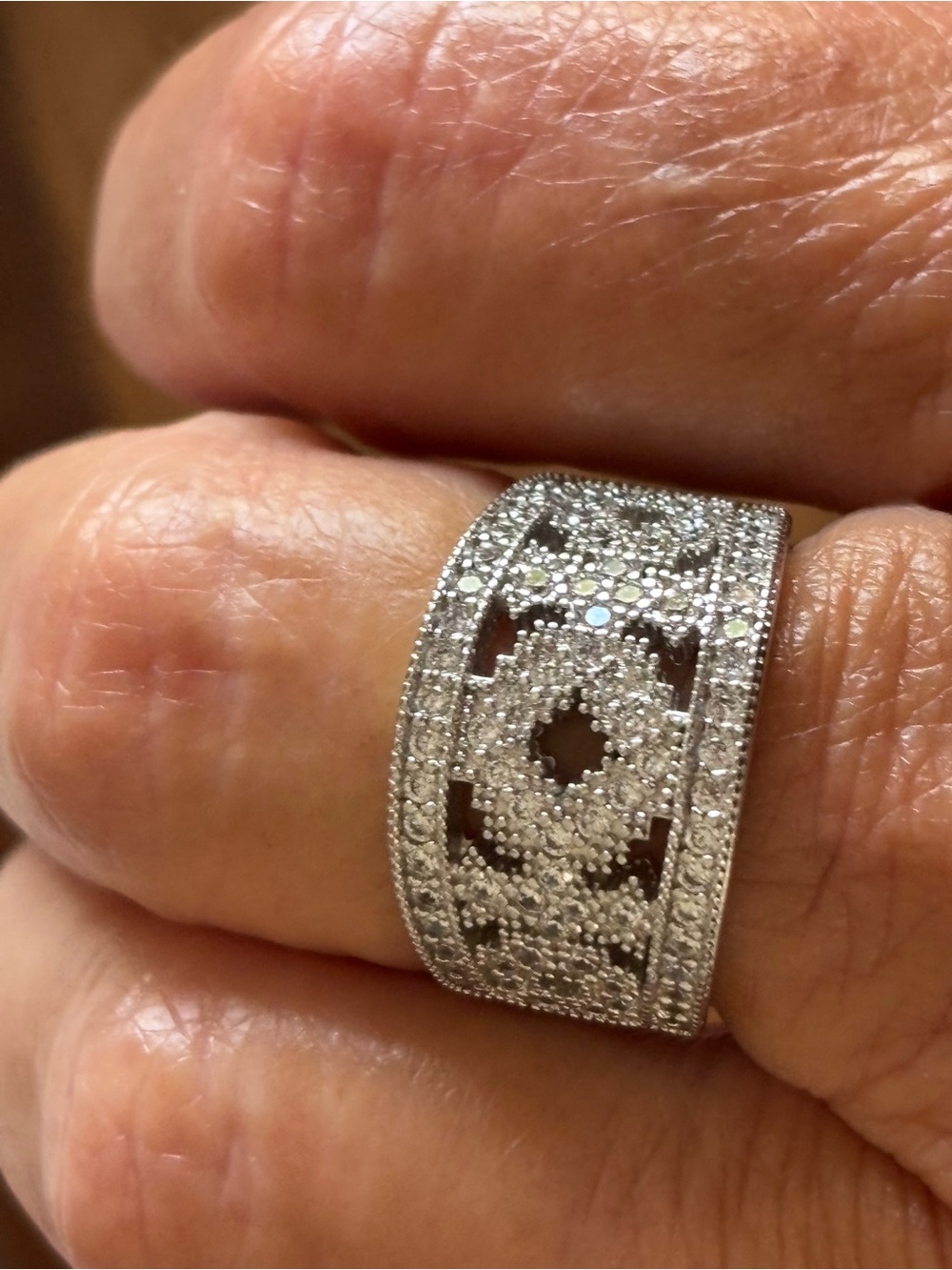 Bronze and CZ Wide Filigree Pave Band Ring - Silver overlay (approx. Size 9) - Picture 10 of 12